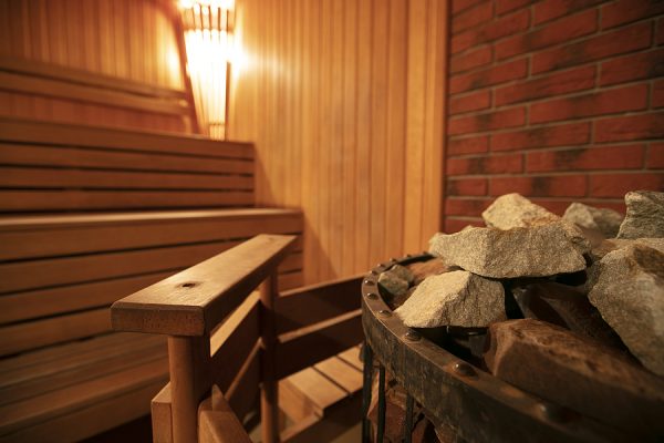 Interior Of A Modern Wood-fired Sauna. Steam Room.